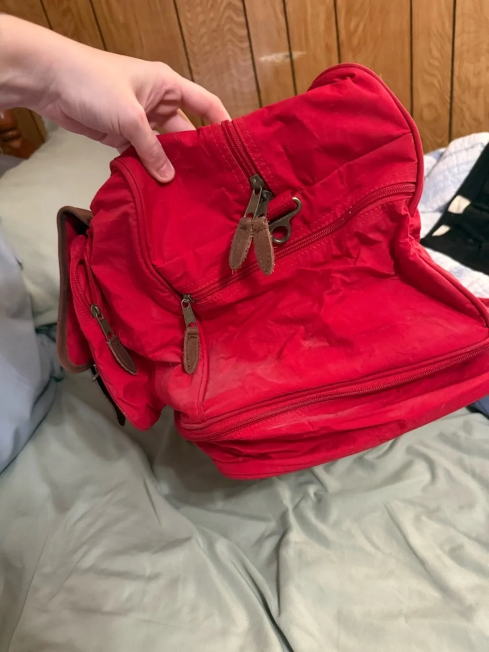 Marlboro Red Canvas Duffel Bag with Brown Leather Flap